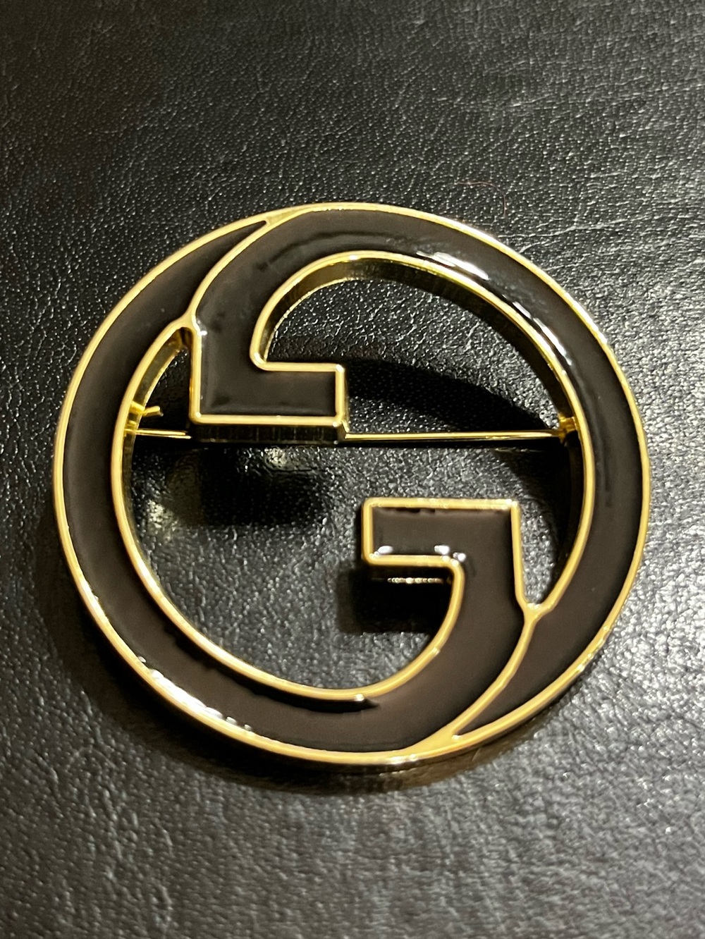Double G Designer Black Gold Tone Blondie Style Brooch